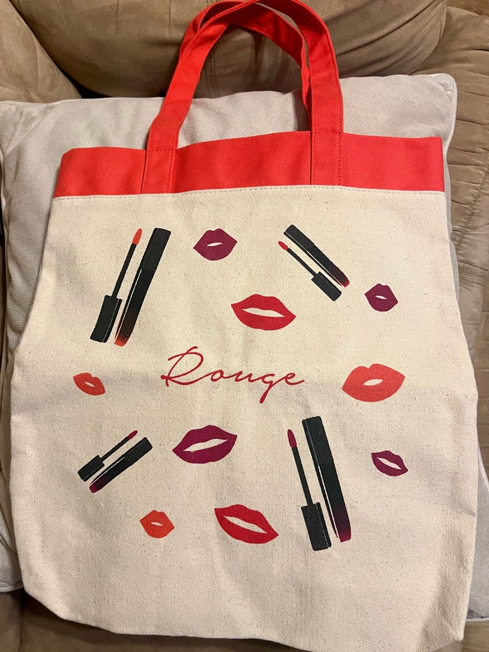 Lancôme Paris Beige/Red Graphic Print Tote Bag Logo, Double Handles